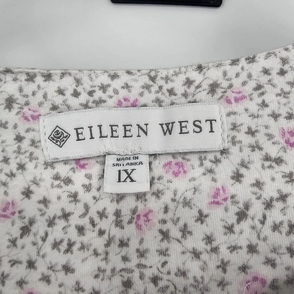 Eileen West Knit Nightgown 1X White Ditsy Floral Cottagecore Victorian LS Cotton
